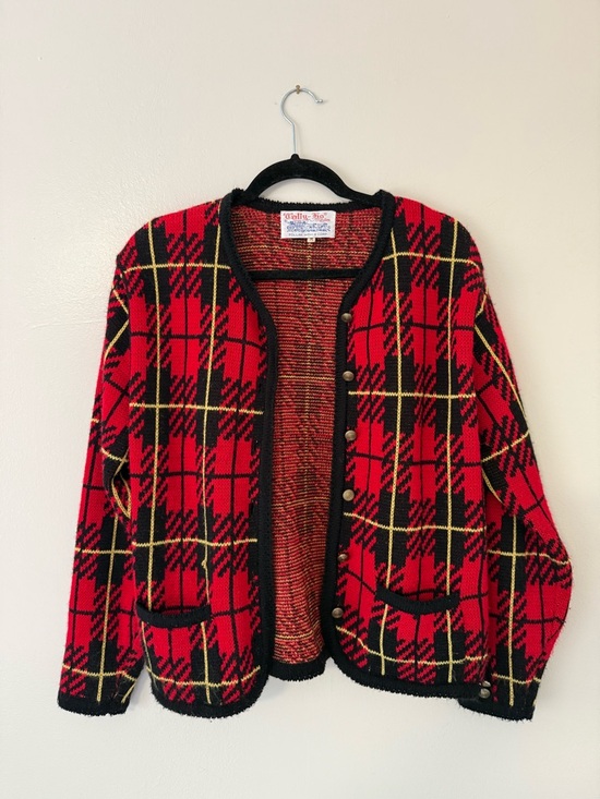Tally Ho Sweaters - Vintage Tally Ho Red Plaid Knit Jacket with Black Trim 1980s Womens Medium